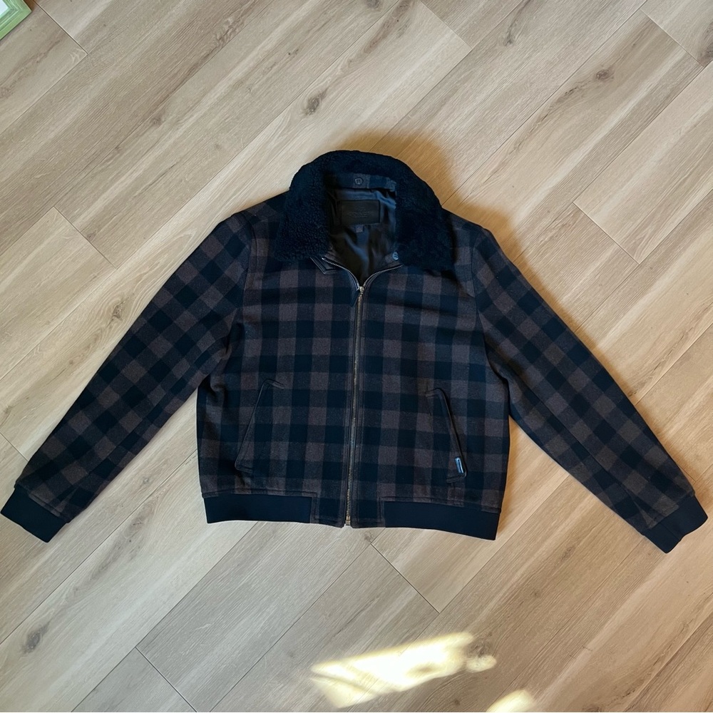 Coach Men’s 1941 Buffalo Plaid Collar Wool Leather Trim Bomber Jacket (XL)